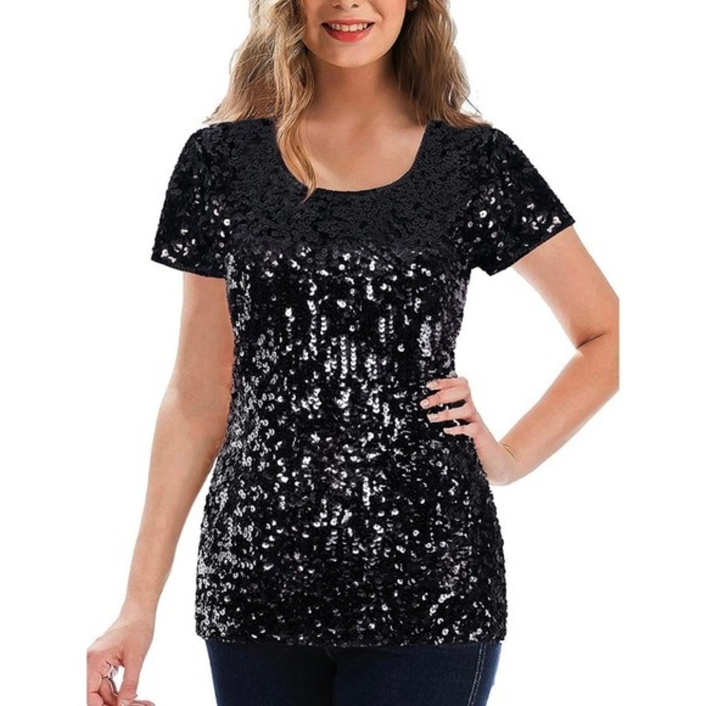 MANER Women Black Sequin‎ Short Sleeve Scoop Neck Party Blouse Top Small